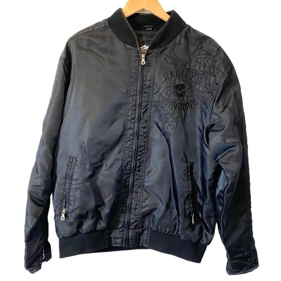 Harley Davidson Embroidered Skull Wings Satin Bomber Jacket Biker Moto Large - Picture 3 of 16